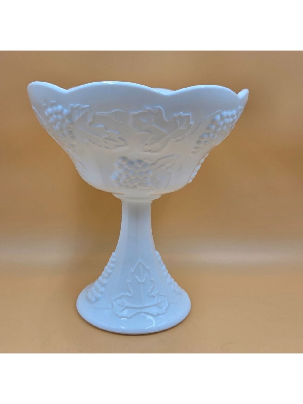 Colony Harvest Milk Glass Grapes and Leaves Round Pedestal Compote Bowl